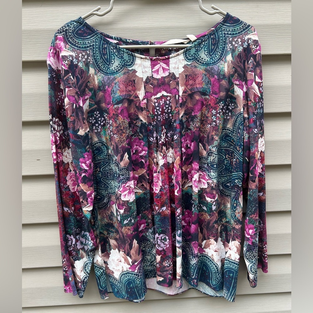 Soft Surroundings L Elevades Tunic Blouse Floral pintuck Asian colorful boho